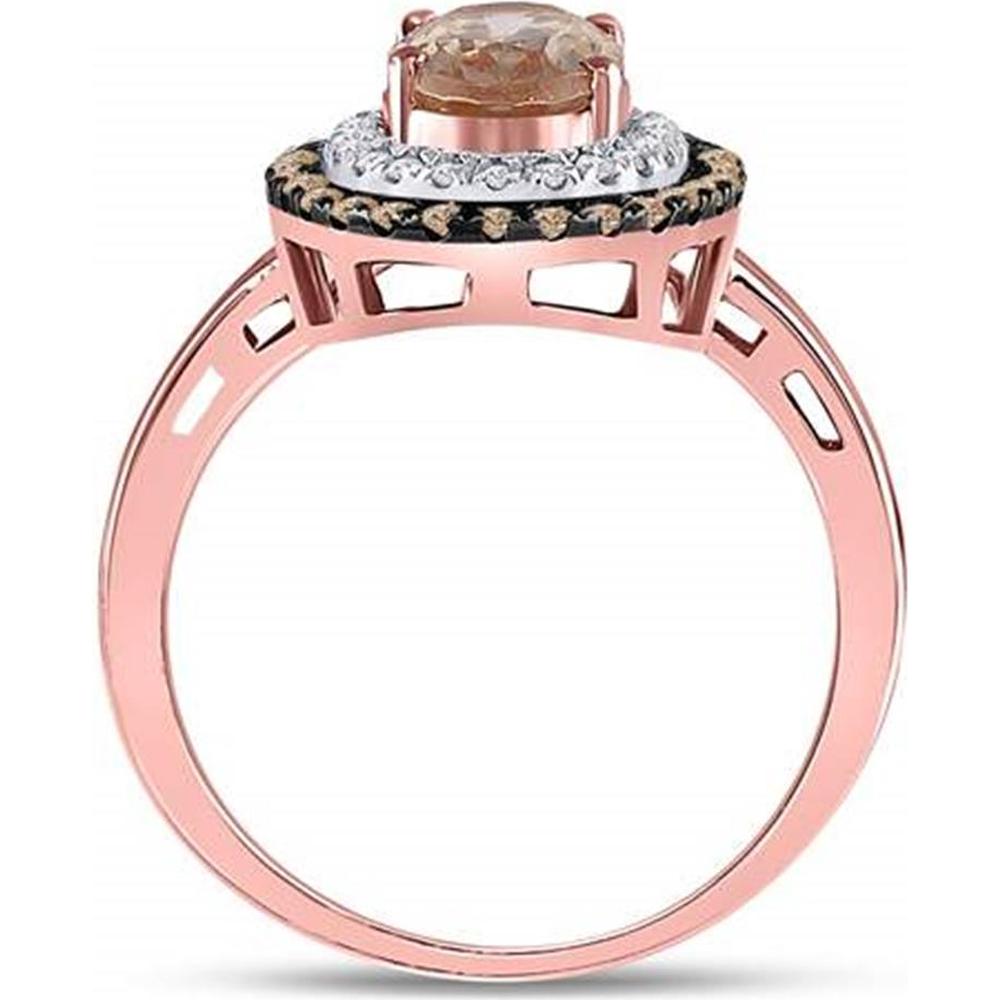 GND 10K Rose Gold Oval Morganite Solitaire Ring with Double Halo of Brown and White Diamonds - 1.5 Carat Total Gemstone Weight