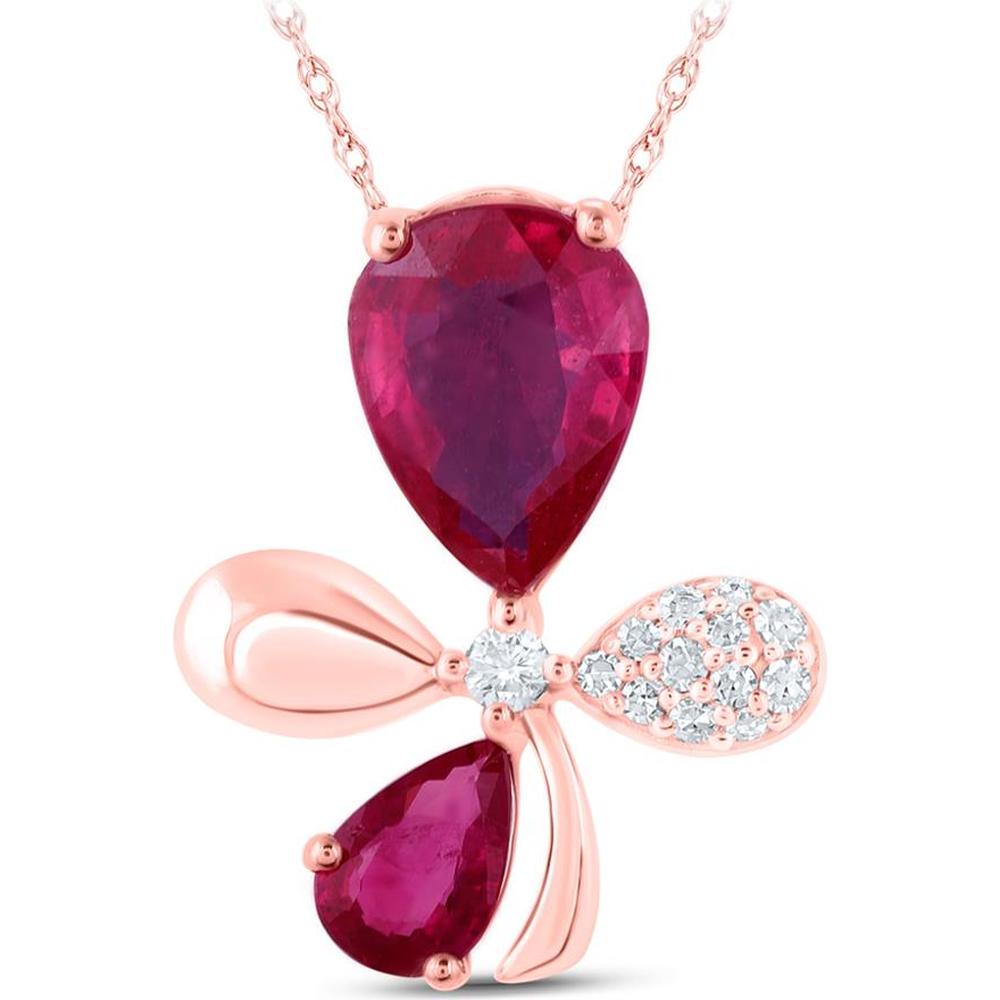 GND 10K Rose Gold Pear Ruby Flower Pendant with Prong-Set Diamonds - 1.91 Carat Total Carat Weight