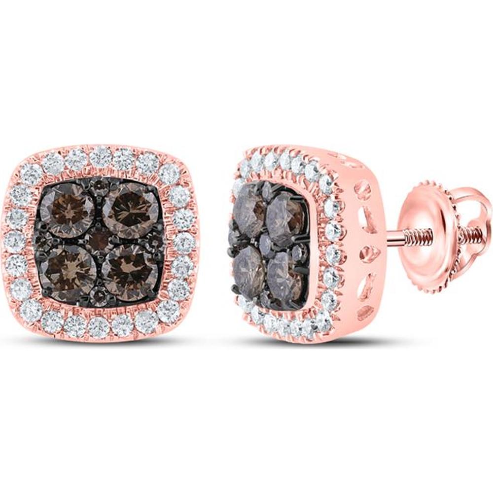 GND 10K Rose Gold Square Earrings with Prong-Set Round Brown and White Diamonds - 0.47 Carat Total Gemstone Weight