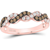 GND 10K Rose Gold Twist Band Ring with Pave-Set Brown and White Round Diamonds - 0.46 Carat Total Diamond Weight