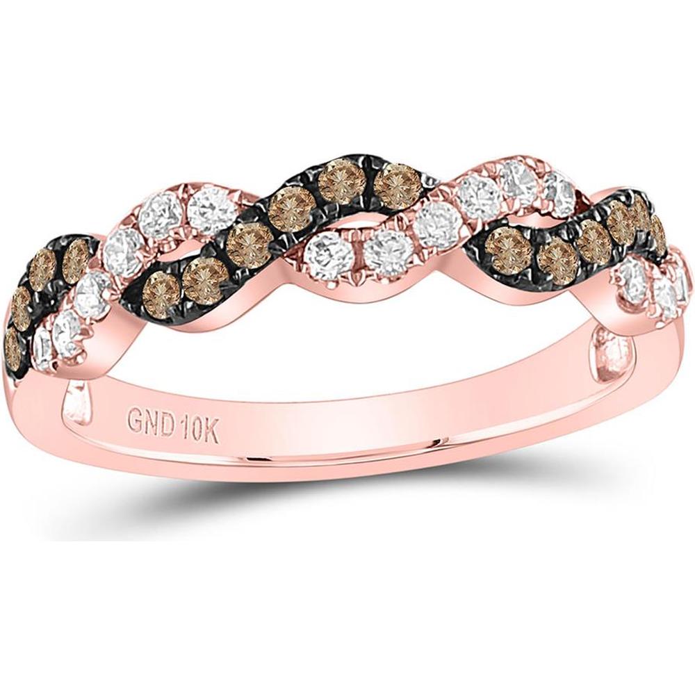 GND 10K Rose Gold Twist Band Ring with Pave-Set Brown and White Round Diamonds - 0.46 Carat Total Diamond Weight