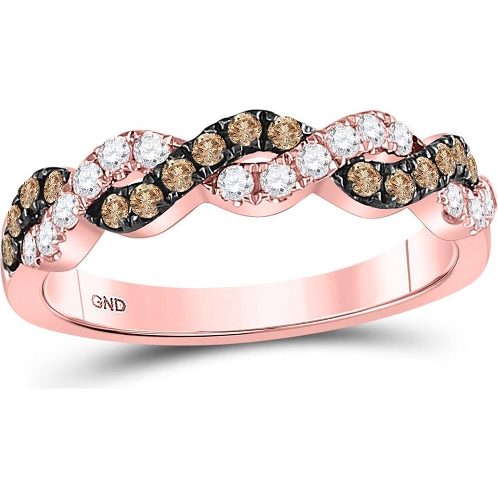 GND 10K Rose Gold Twist Band Ring with Pave-Set Brown and White Round Diamonds - 0.46 Carat Total Diamond Weight