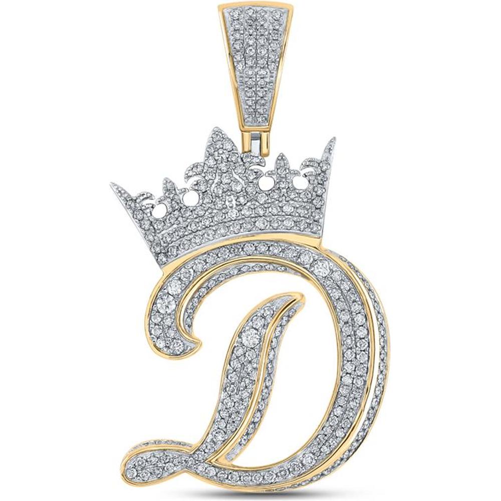 GND 10K Two-Tone Gold 48.4mm Crown D Letter Pendant with Pave-Set Round Diamonds - 1.59 Carat Total Diamond Weight