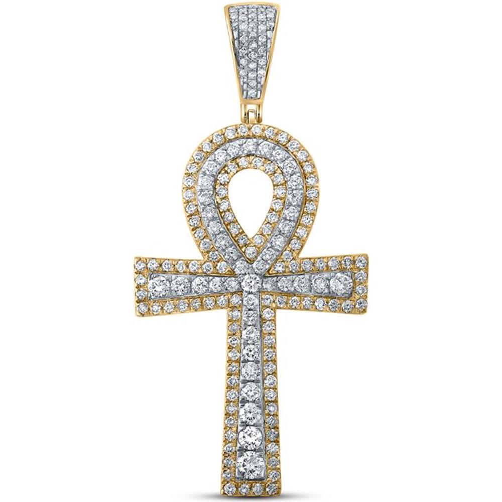 GND 10K Two-Tone Gold Ankh Cross Pendant with Prong-Set Round Diamonds - 2-1/4 Total Carat Weight