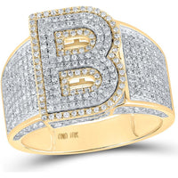 GND 10K Two-Tone Gold B Initial Ring with Pave-Set Round Diamonds - 1.20 Carat Total Diamond Weight