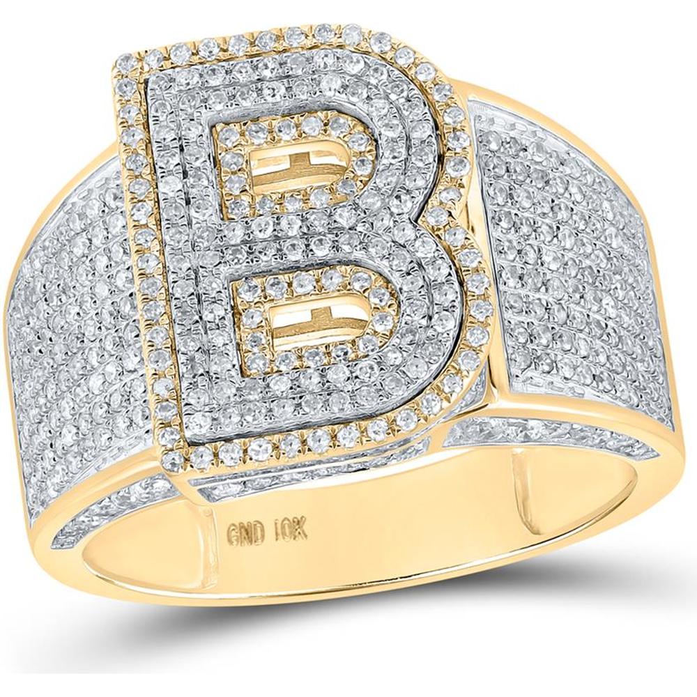 GND 10K Two-Tone Gold B Initial Ring with Pave-Set Round Diamonds - 1.20 Carat Total Diamond Weight