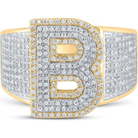 GND 10K Two-Tone Gold B Initial Ring with Pave-Set Round Diamonds - 1.20 Carat Total Diamond Weight