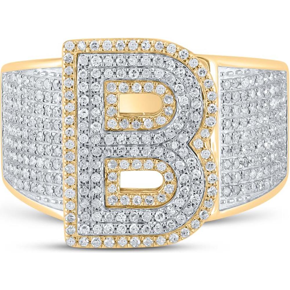 GND 10K Two-Tone Gold B Initial Ring with Pave-Set Round Diamonds - 1.20 Carat Total Diamond Weight