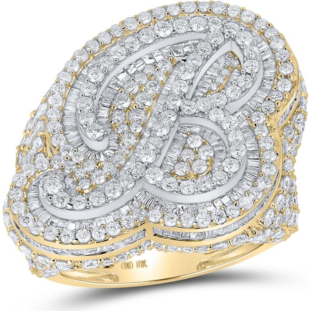 GND 10K Two-Tone Gold Baguette and Round Diamond Initial "B" Ring – 8.5 Carat Total Diamond Weight