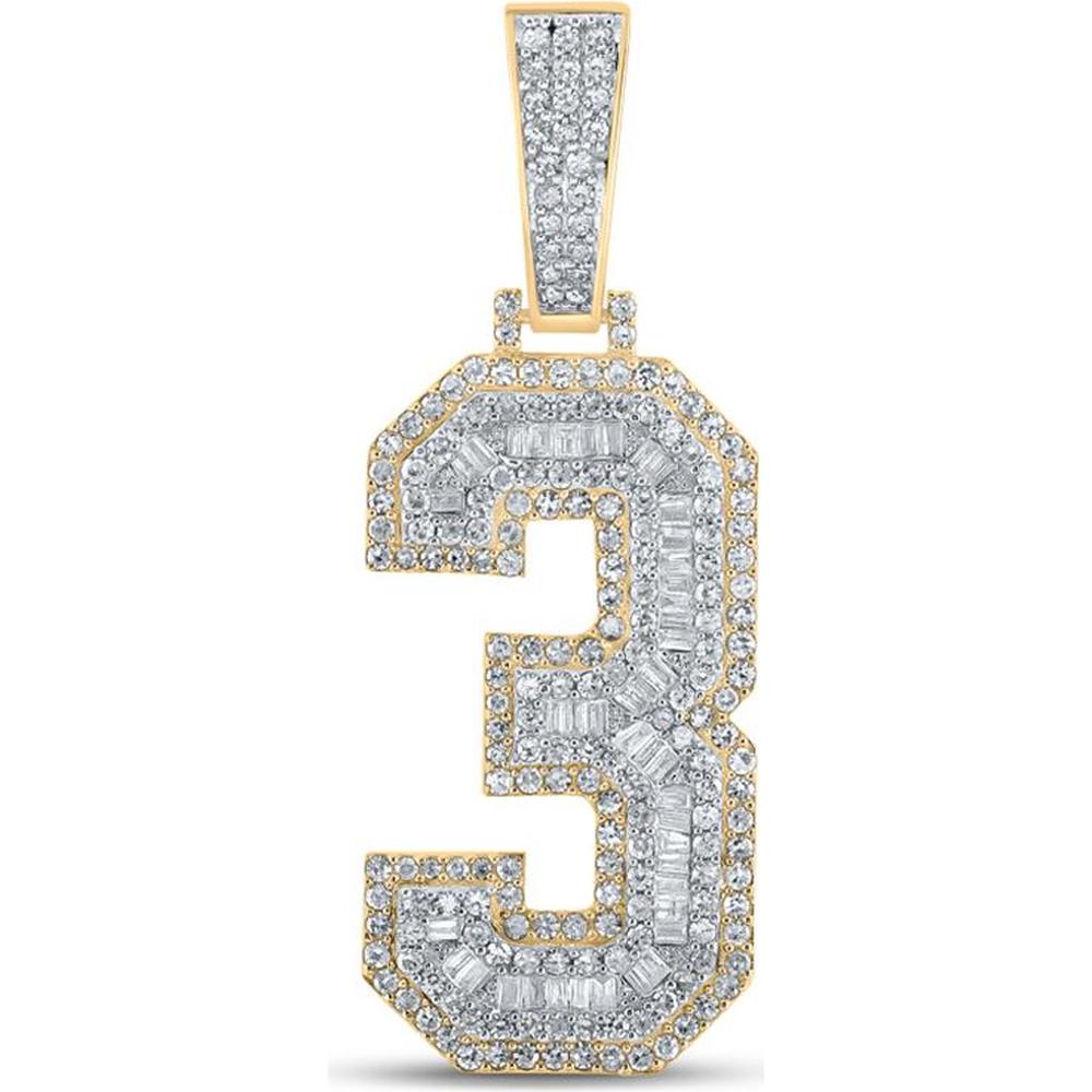 GND 10K Two-Tone Gold Baguette and Round Diamond Number 3 Charm Pendant - 1.5 Carat Total Diamond Weight