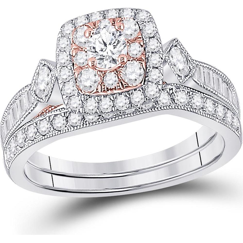 GND 10K Two-Tone Gold Bridal Wedding Ring Set with Round and Baguette Diamonds - 1 Carat Total Diamond Weight