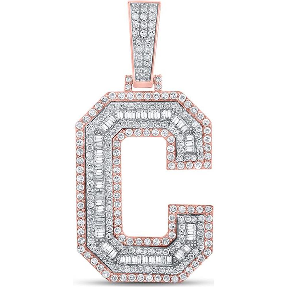 GND 10K Two-Tone Gold C Initial Charm Pendant with Baguette and Round Diamonds - 1.75 Carat Total Diamond Weight