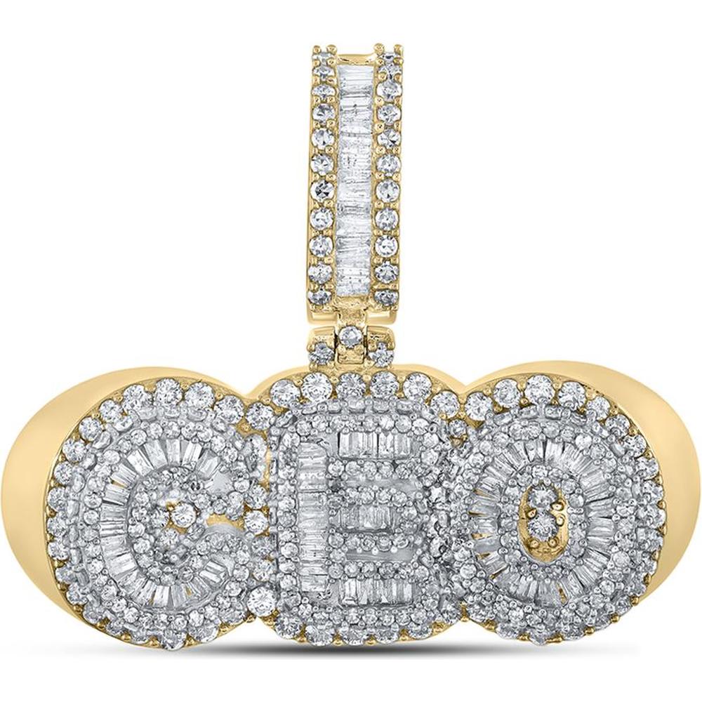 GND 10K Two-Tone Gold CEO Phrase Charm Pendant with Baguette and Round Diamonds - 3.00 Carat Total Diamond Weight