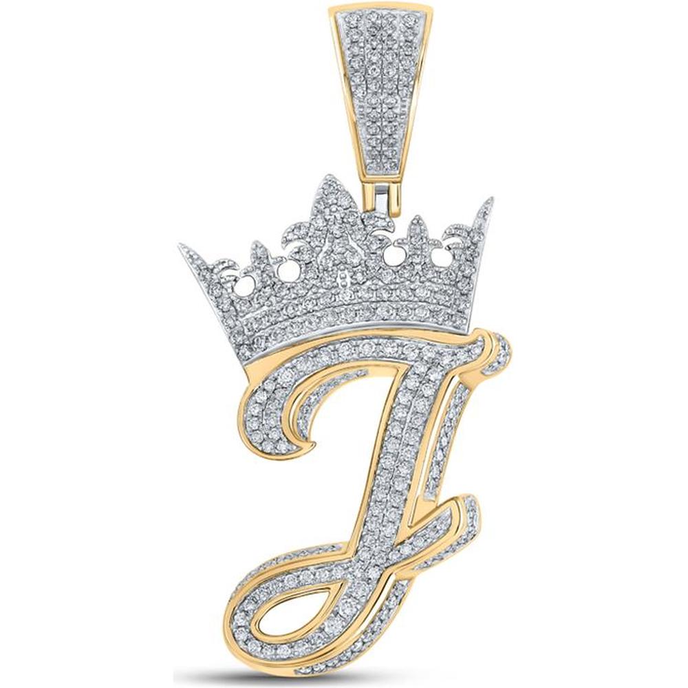GND 10K Two-Tone Gold Crown J Letter Charm Pendant with 1.25 Carat Round Pave-Set Diamonds