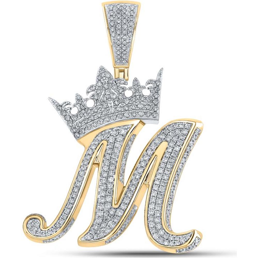 GND 10K Two-Tone Gold Crown M Letter Pendant with Pave Set Round Diamonds - 1.75 Carat Total Diamond Weight