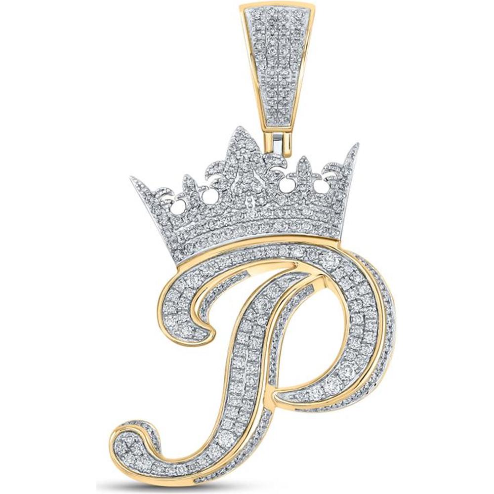 GND 10K Two-Tone Gold Crown P Letter Charm Pendant with Pave-Set Round Diamonds – 1.50 Carat Total Diamond Weight