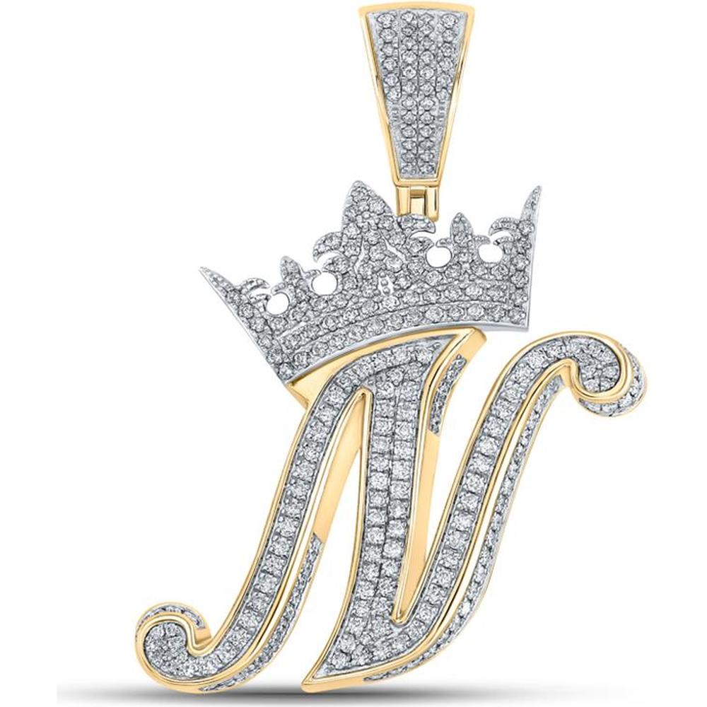 GND 10K Two-Tone Gold Diamond Crown 'N' Letter Charm Pendant with Pave Set Round Diamonds - 1.43 Carat Total Diamond Weight