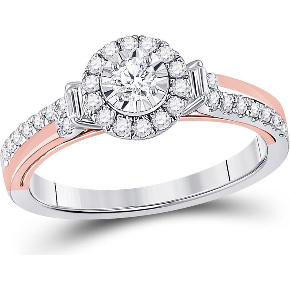 GND 10K Two-Tone Gold Halo Engagement Ring with Round and Baguette Diamonds - 0.5 Carat Total Diamond Weight