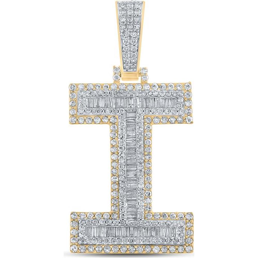 GND 10K Two-Tone Gold "I" Initial Letter Charm Pendant with Channel-Set Baguette Diamonds and Prong-Set Round Diamonds - 1.75 Carat Total Diamond Weight