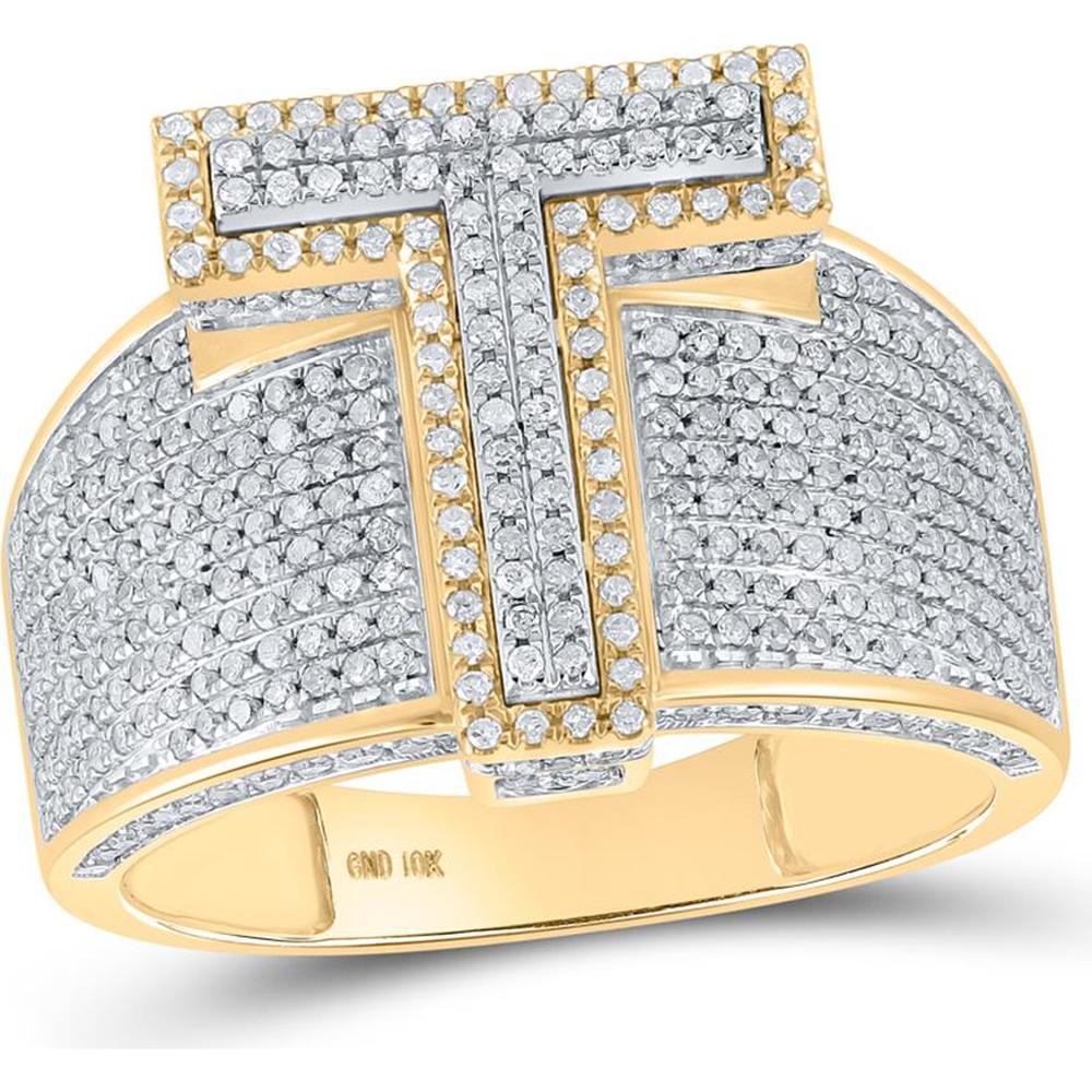 GND 10K Two-Tone Gold Initial "T" Ring with Pave-Set Round Diamonds - 1.22 Carat Total Diamond Weight