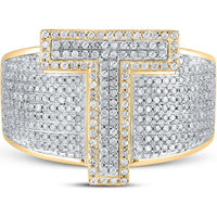 GND 10K Two-Tone Gold Initial "T" Ring with Pave-Set Round Diamonds - 1.22 Carat Total Diamond Weight