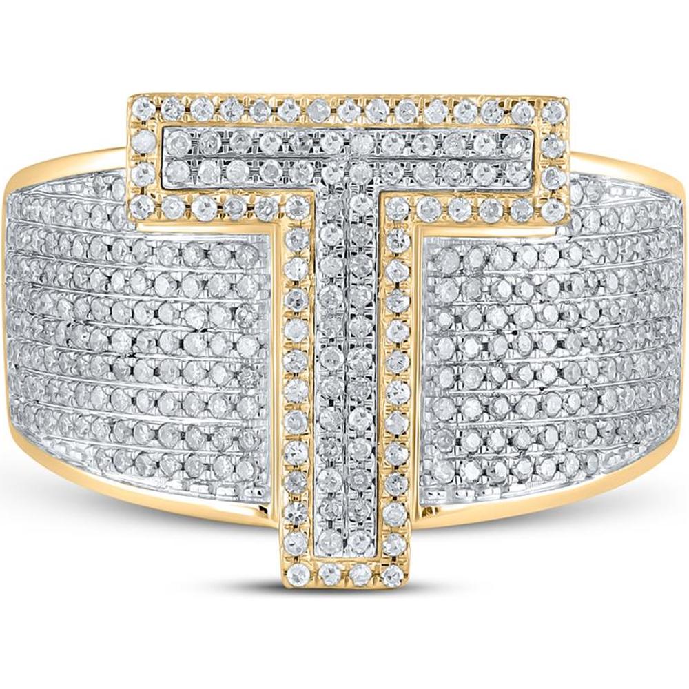 GND 10K Two-Tone Gold Initial "T" Ring with Pave-Set Round Diamonds - 1.22 Carat Total Diamond Weight