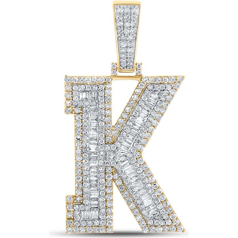 GND 10K Two-Tone Gold K Initial Charm Pendant with Prong and Channel Set Round and Baguette Diamonds - 1.87 Carat Total Diamond Weight