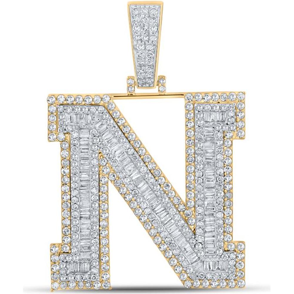 GND 10K Two-Tone Gold N Initial Charm Pendant with Baguette and Round Diamonds – 2.62 Carat Total Diamond Weight