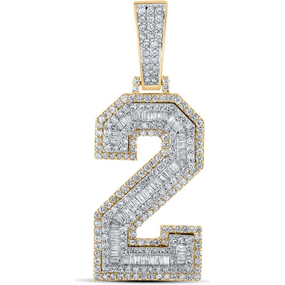 GND 10K Two-Tone Gold Number 2 Charm Pendant with Baguette and Round Diamonds - 1.625 Carat Total Diamond Weight