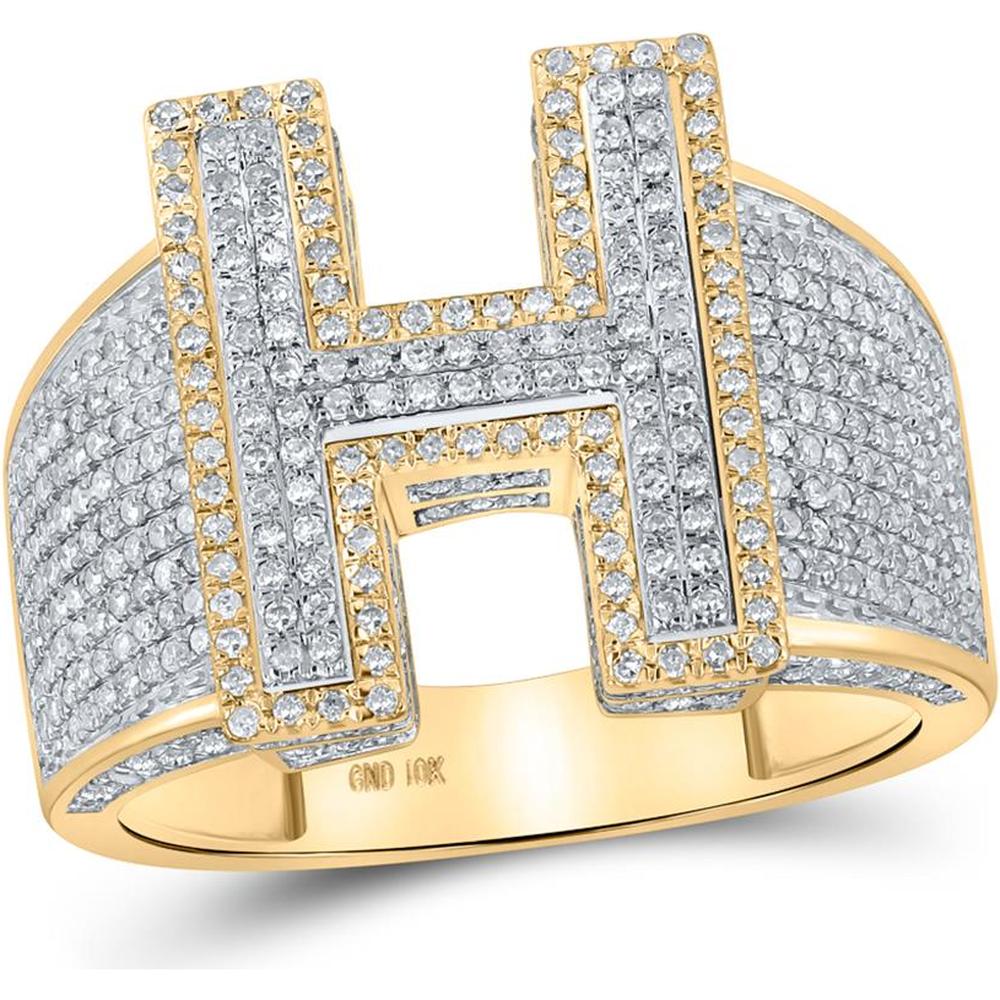 GND 10K Two-Tone Gold Pave-Set Round Diamond H Initial Letter Ring - 1.21 Carat Total Diamond Weight