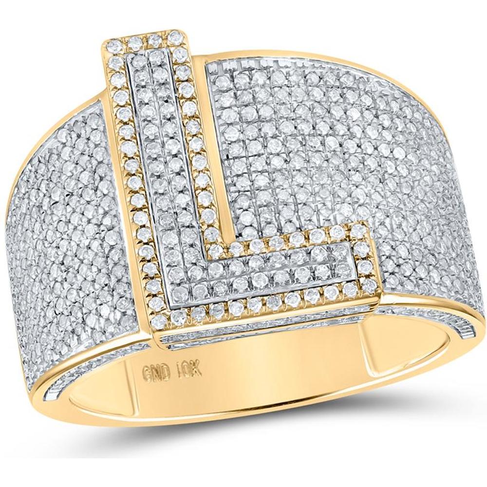 GND 10K Two-Tone Gold Pave-Set Round Diamond Initial Letter "L" Ring - 1.18 Carat Total Diamond Weight