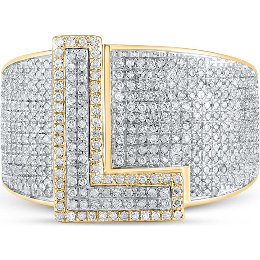 GND 10K Two-Tone Gold Pave-Set Round Diamond Initial Letter "L" Ring - 1.18 Carat Total Diamond Weight