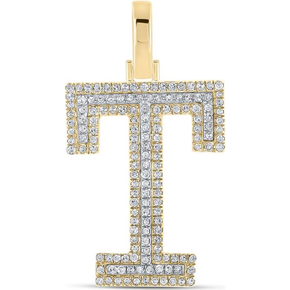 GND 10K Two-Tone Gold Pave-Set Round Diamond "T" Initial Pendant - 0.38 Carat Total Diamond Weight