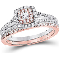 GND 10K Two-Tone Gold Princess Diamond Halo Bridal Wedding Ring Set - 1/2 Carat Total Diamond Weight