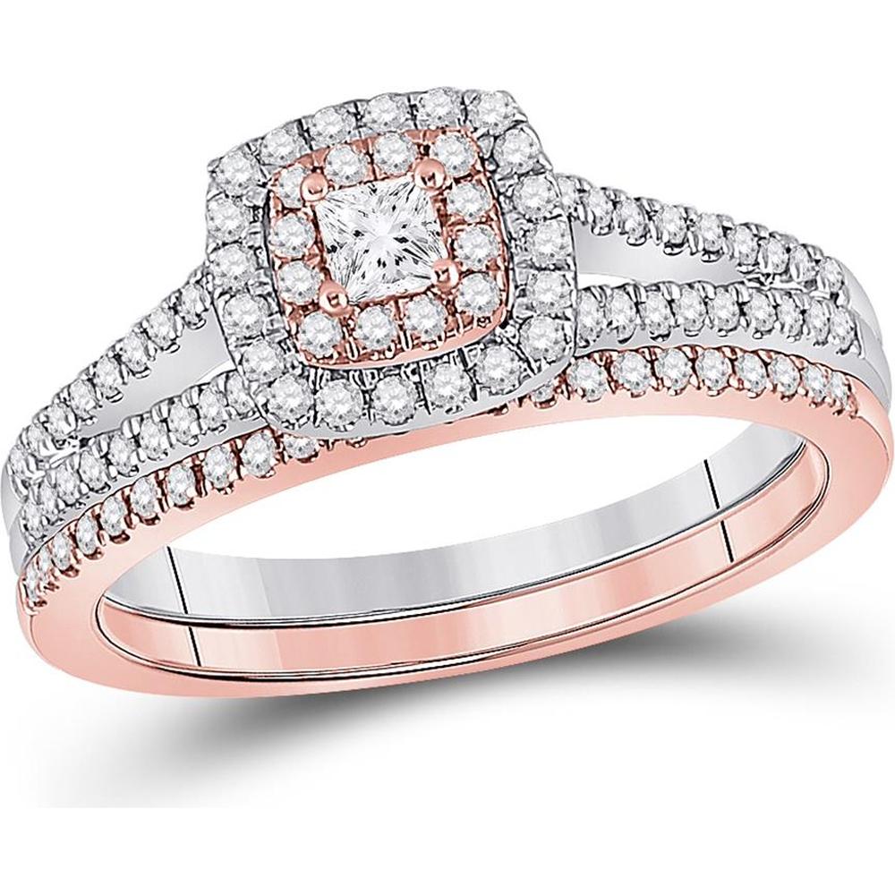 GND 10K Two-Tone Gold Princess Diamond Halo Bridal Wedding Ring Set - 1/2 Carat Total Diamond Weight