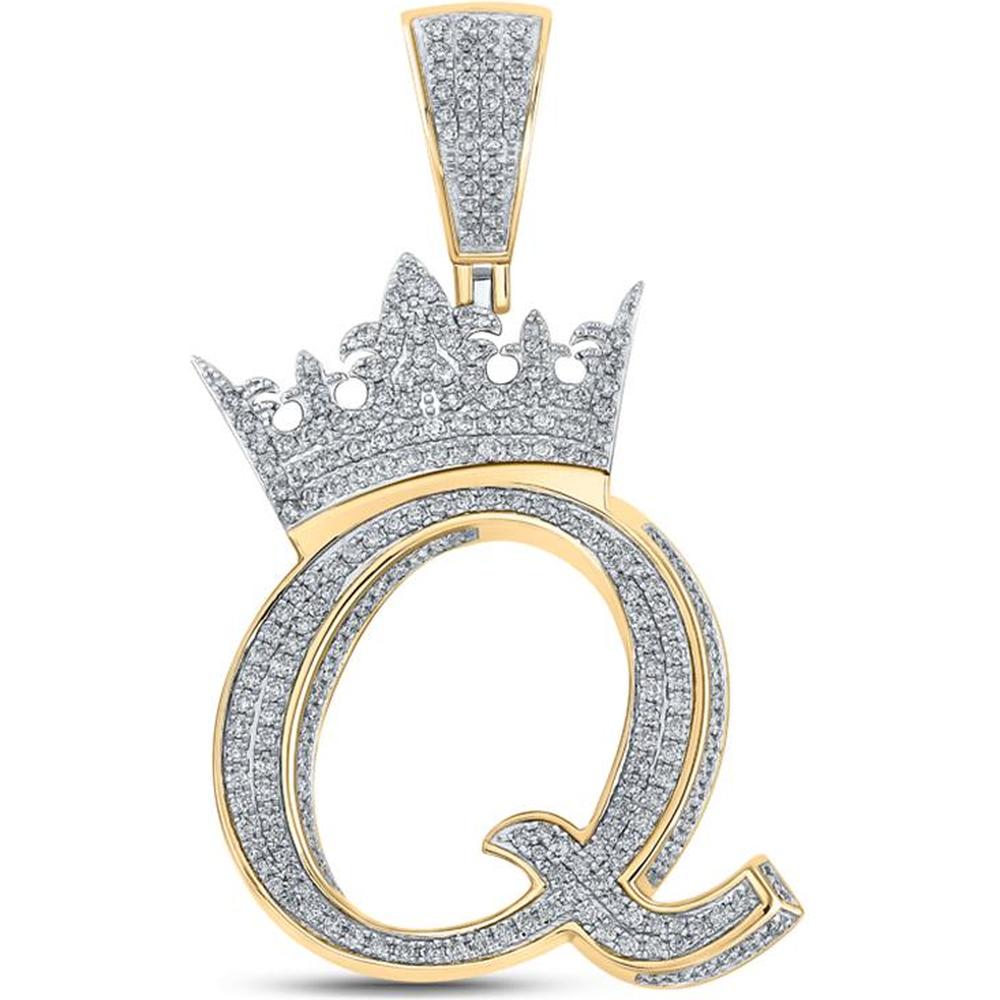 GND 10K Two-Tone Gold Q Crown Letter Charm Pendant with Pave-Set Round Diamonds - 1-3/8 Total Carat Weight