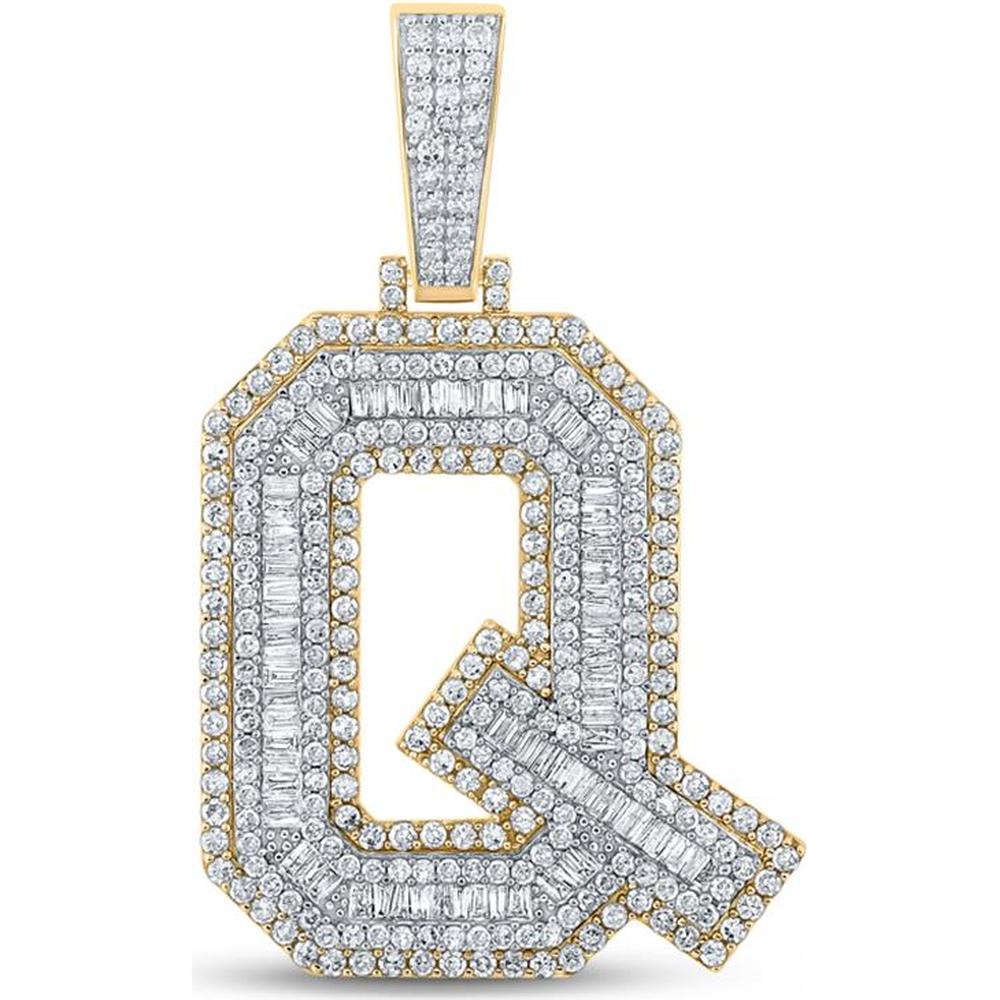 GND 10K Two-Tone Gold Q Initial Charm Pendant with Channel-Set Baguette and Prong-Set Round Diamonds – 2.20 Carat Total Diamond Weight