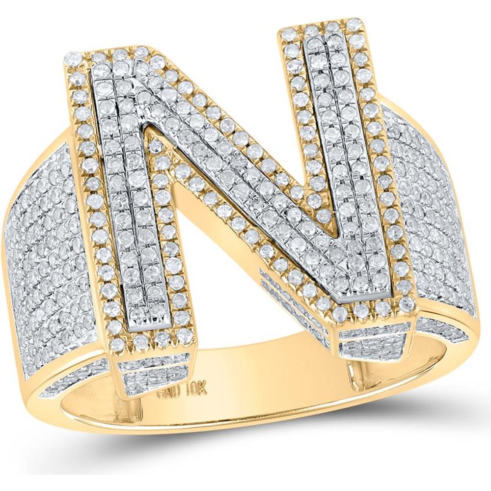 GND 10K Two-Tone Gold Ring with Pave-Set Round Diamonds and N Initial - 1.21 Carat Total Diamond Weight