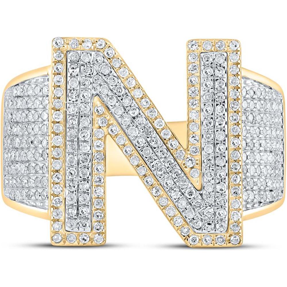 GND 10K Two-Tone Gold Ring with Pave-Set Round Diamonds and N Initial - 1.21 Carat Total Diamond Weight