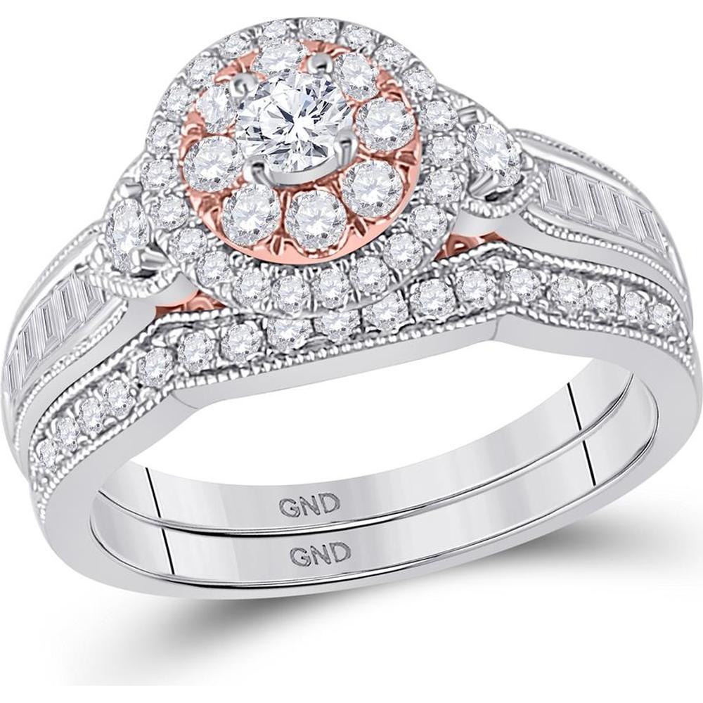 GND 10K Two-Tone Gold Round Diamond Bridal Wedding Ring Set with Halo Design - 1.00 Carat Total Diamond Weight
