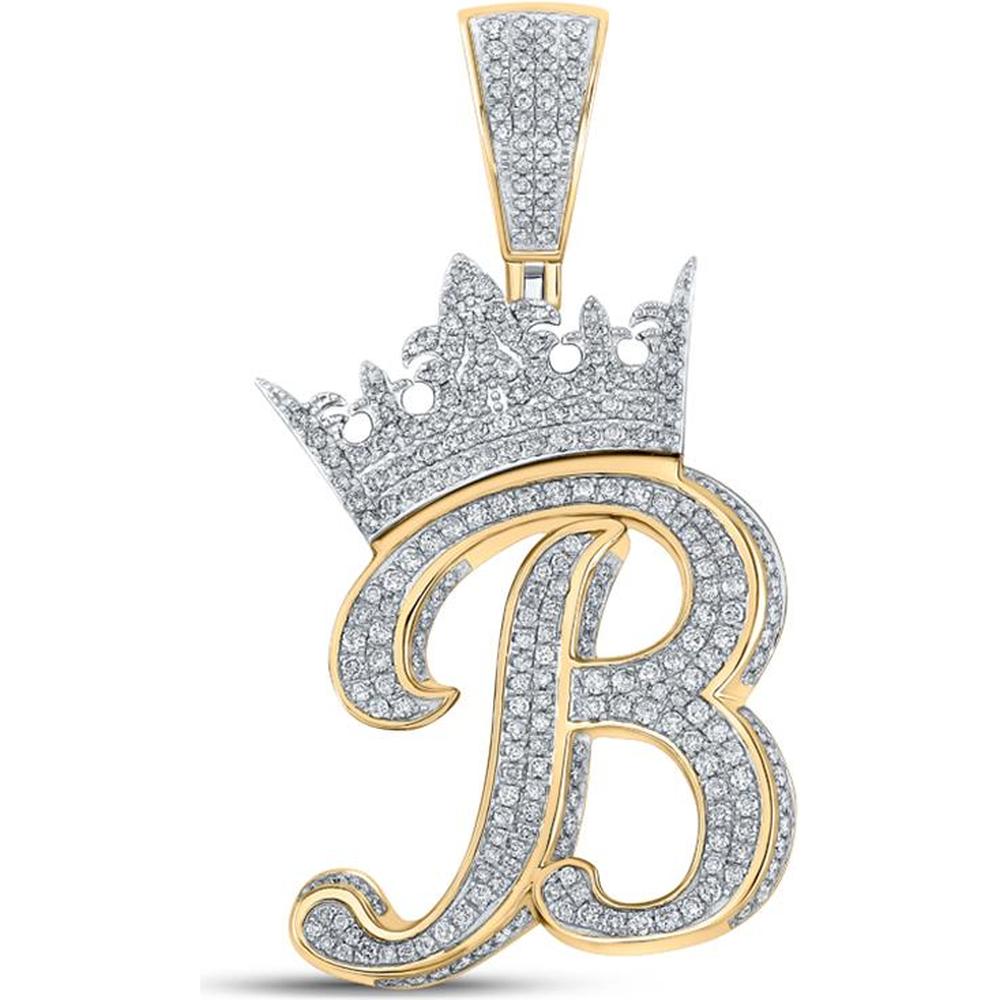 GND 10K Two-Tone Gold Round Diamond Crown "B" Letter Pendant with Pave-Set Diamonds – 1.5 Carat Total Diamond Weight