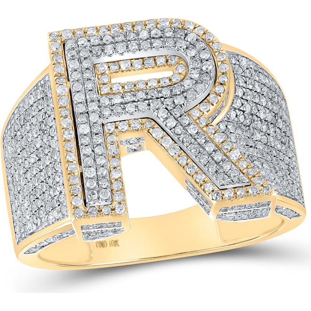 GND 10K Two-Tone Gold Round Diamond "R" Initial Letter Ring - 1.25 Carat Total Diamond Weight