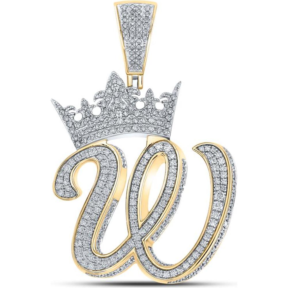 GND 10K Two-Tone Gold Round Diamond "W" Crown Letter Pendant with 1-3/4 Total Carat Weight