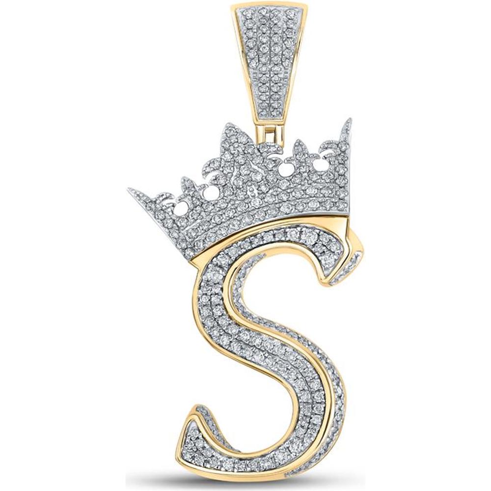 GND 10K Two-Tone Gold "S" Crown Letter Pendant with Pave-Set Round Diamonds - 1.20 Carat Total Diamond Weight