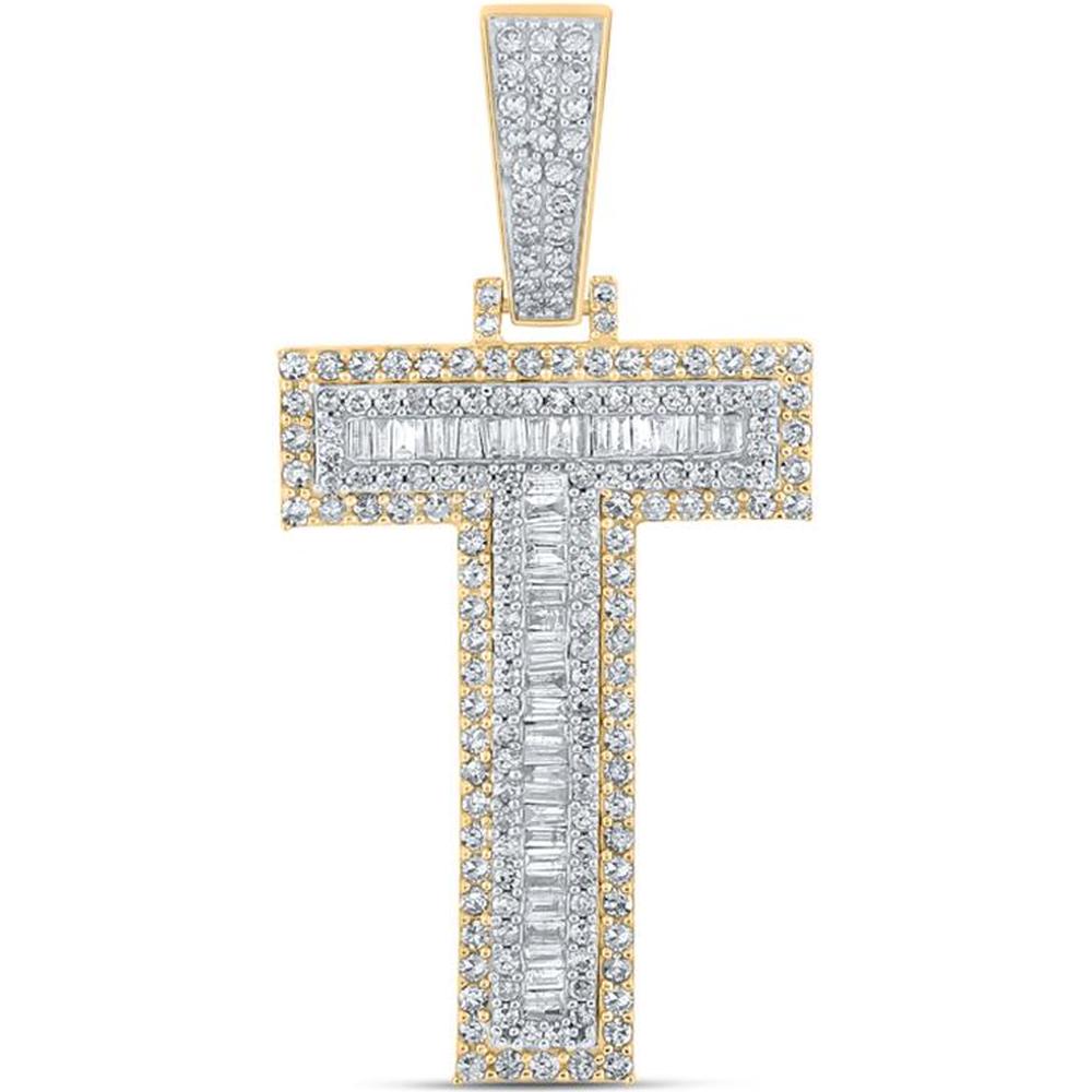 GND 10K Two-Tone Gold 'T' Initial Pendant with Baguette and Round Diamonds - 1 3/8 Carat Total Diamond Weight