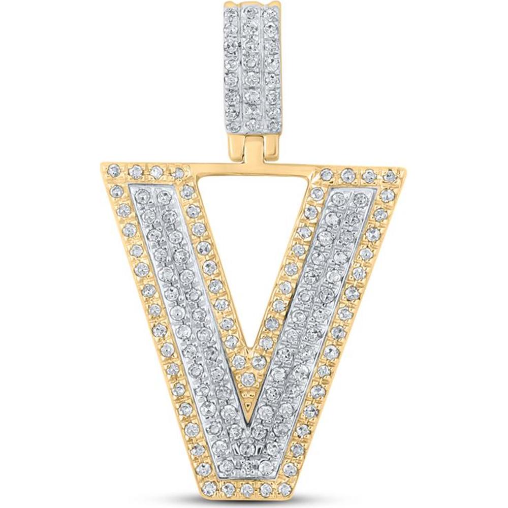 GND 10K Two-Tone Gold V Initial Pendant with Pave-Set Round Diamonds - 1/2 Carat Total Diamond Weight