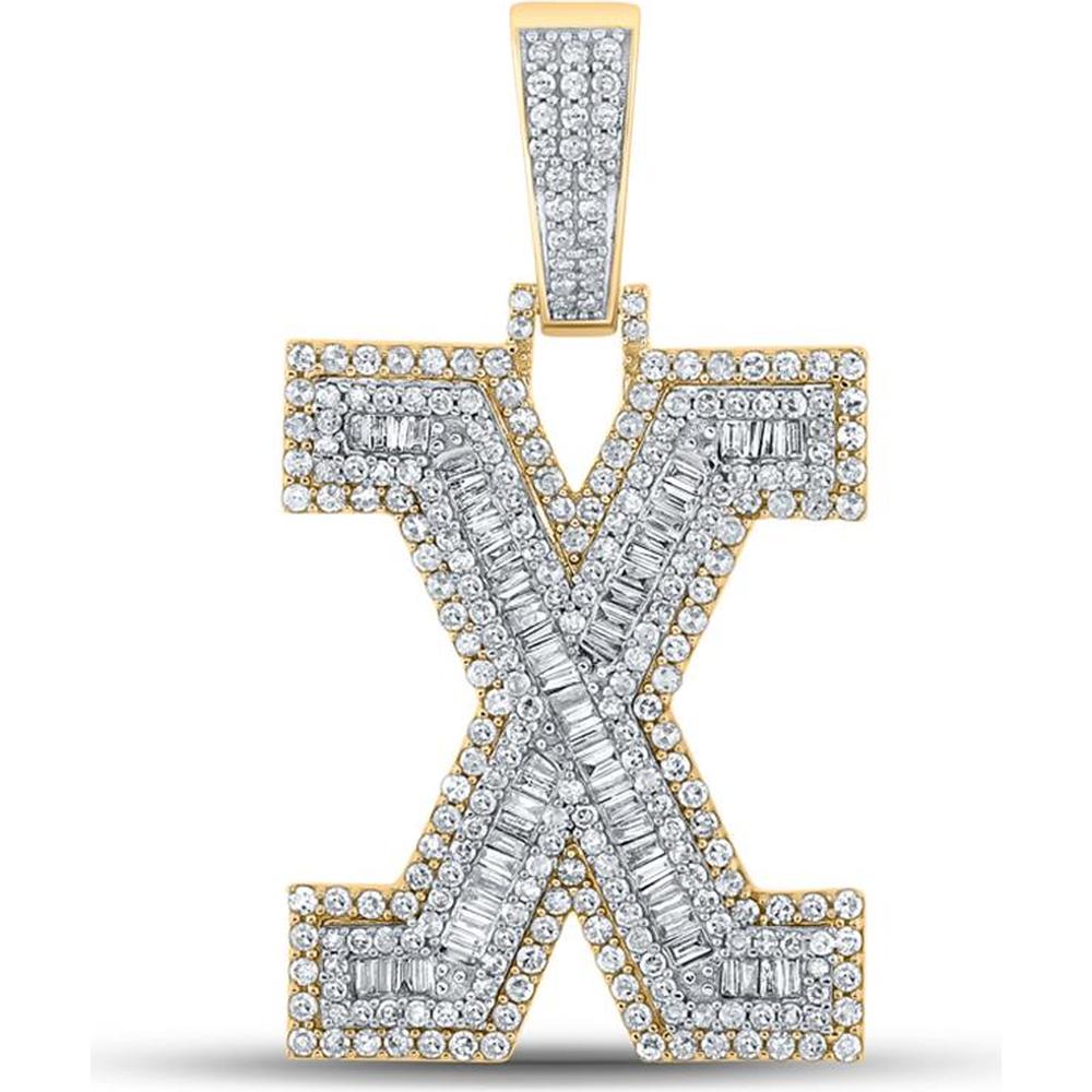 GND 10K Two-Tone Gold "X" Initial Pendant with Baguette and Round Diamonds - 2.00 Carat Total Diamond Weight