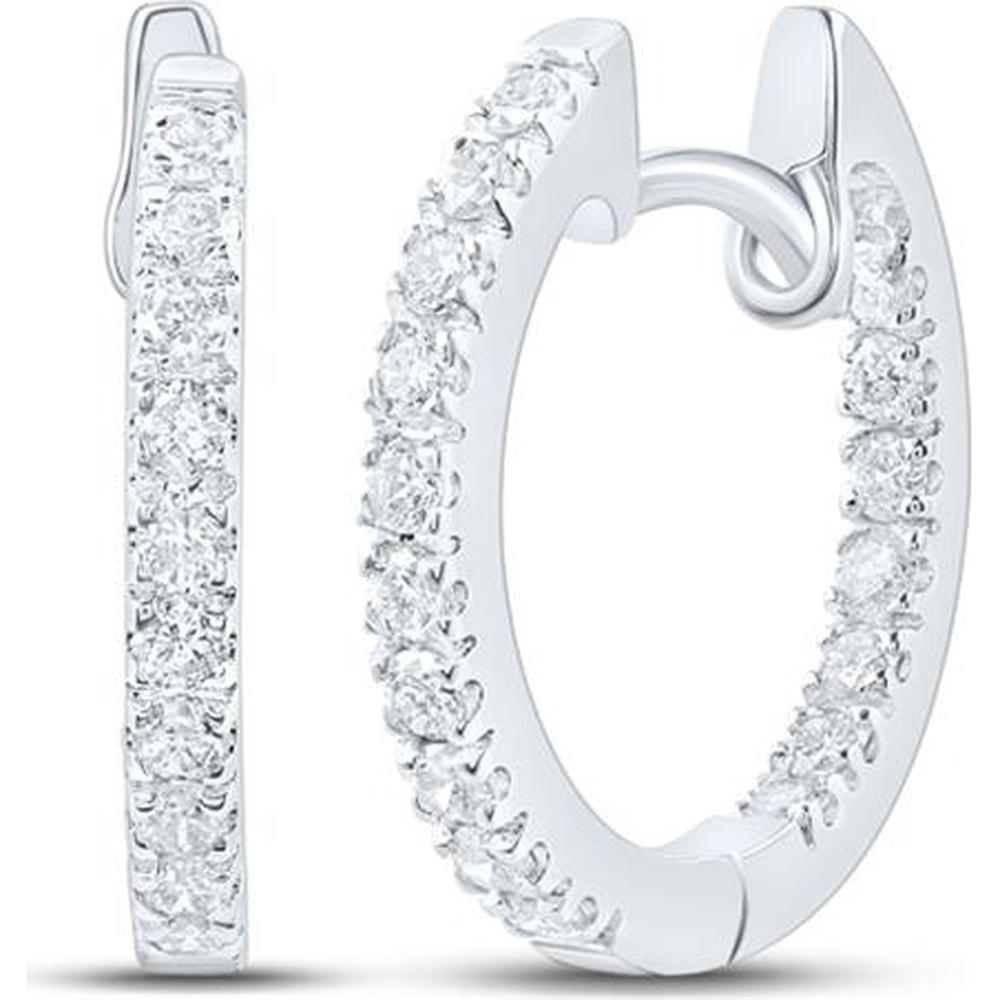 GND 10K White Gold 14mm Round Diamond Hoop Earrings with Prong-Set 0.25 Carat Total Diamond Weight