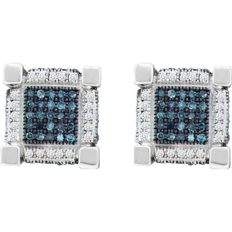 GND 10K White Gold 3D Cube Square Stud Earrings with Pave-Set Blue and White Diamonds - 0.79 Carat Total Diamond Weight