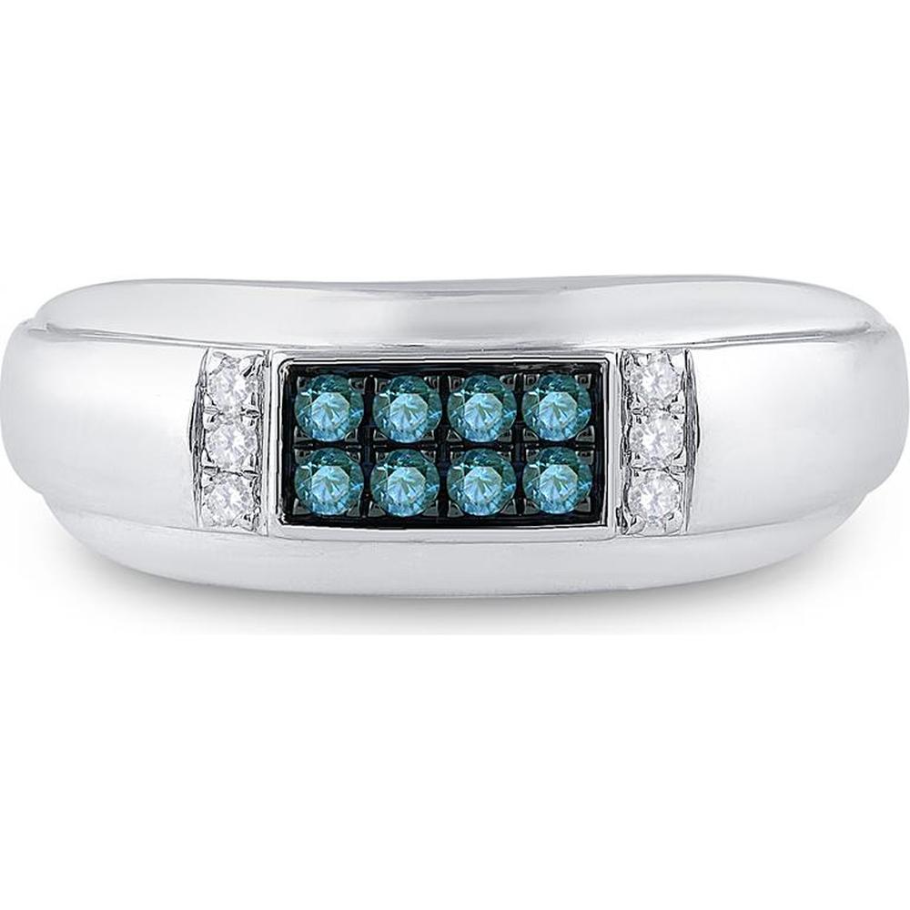 GND 10K White Gold 8mm Band Ring with Pave-Set Blue and White Diamonds - 1/3 Carat Total Diamond Weight